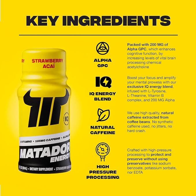 MATADOR Energy Shots - Strawberry Acai 24 Bulk Pack - Sugar Free Nootropic Natural Caffeine Energy Shot Bottles, B Vitamin Complex (Vitamin B3 & B12), 200 MG of Alpha GPC Enhancing Cognitive Function