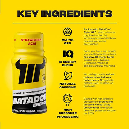 MATADOR Energy Shots - Strawberry Acai 24 Bulk Pack - Sugar Free Nootropic Natural Caffeine Energy Shot Bottles, B Vitamin Complex (Vitamin B3 & B12), 200 MG of Alpha GPC Enhancing Cognitive Function
