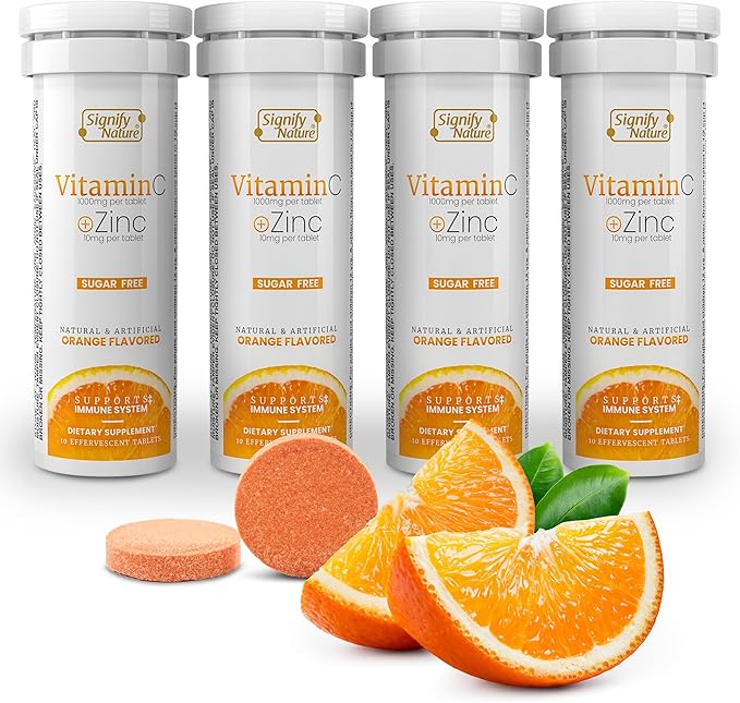 SIGNIFY NATURE Vitamin C 1000mg Effervescent Tablets - Potent Immune Support VIT C with Zinc Supplement - Sugar-Free & Vegan Formula | Dissolvable Vitamin C Tablets - Water Soluble Fizzy Elixir - 40CT