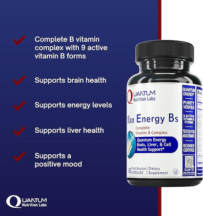 Quantum Nutrition Labs Max Energy Bs - Vitamin B Complex, Methylated B Complex Vitamins with Vitamin B1, B6, B12, Thiamin, Folate and Biotin - 60 Vegetarian Capsules