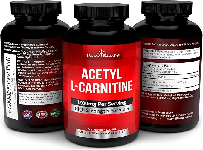 Divine Bounty Acetyl L-Carnitine Capsules 1200mg Per Serving - L Carnitine Supplement 120 Vegetarian Capsules
