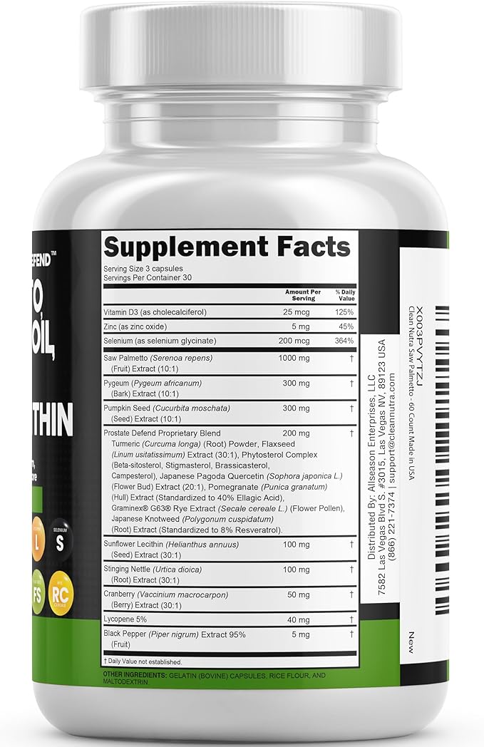 Clean Nutraceuticals Saw Palmetto Pumpkin Seed Oil Pygeum Sunflower Lecithin Stinging Nettle Cranberry - Prostate Supplements for Men with Lycopene - 90 Caps