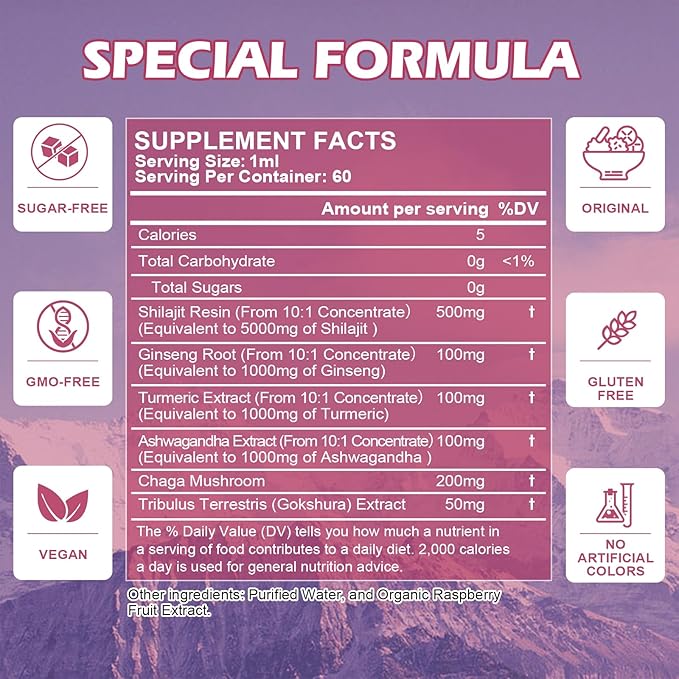 Shilajit Resin Liquid Drops | Organic Shilajit 85+ Trace Minerals Complex with Ashwagandha, Turmeric, Ginseng, Chaga, Shilajit Supplement for Men Immune Support, Brain Booster, Energy, Overall Health