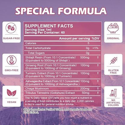 Shilajit Resin Liquid Drops | Organic Shilajit 85+ Trace Minerals Complex with Ashwagandha, Turmeric, Ginseng, Chaga, Shilajit Supplement for Men Immune Support, Brain Booster, Energy, Overall Health