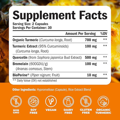 Quercetin with Bromelain Turmeric Supplement - Quercetin 500mg Capsules with Curcumin & Bromelain powder for Allergy & Joint Support. Turmeric Curcumin Bromelain Supplement. 60 Vegan Tumeric Capsules