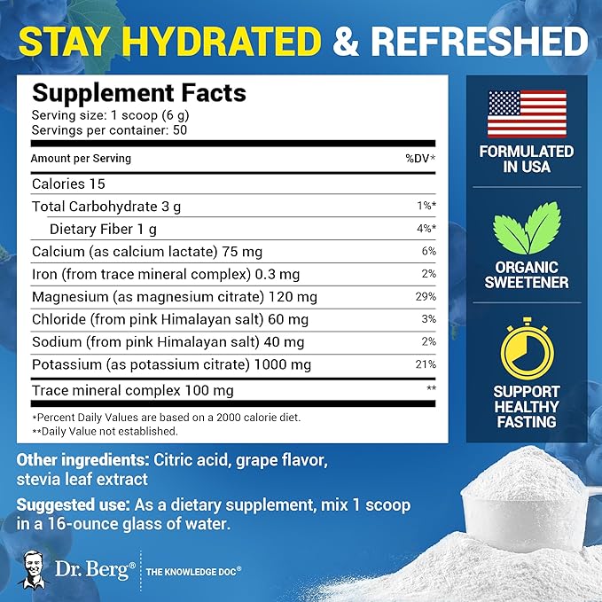 Dr. Berg Zero Sugar Hydration Keto Electrolyte Powder - Enhanced w/ 1000 mg of Potassium & Real Pink Himalayan Salt (NOT Table Salt) - Grape Flavor Hydration Drink Mix Supplement - 50 Servings