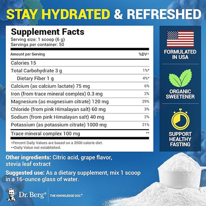 Dr. Berg Zero Sugar Hydration Keto Electrolyte Powder - Enhanced w/ 1000 mg of Potassium & Real Pink Himalayan Salt (NOT Table Salt) - Grape Flavor Hydration Drink Mix Supplement - 50 Servings