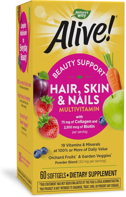Nature's Way Alive! Hair, Skin & Nails Multivitamin with Biotin and Collagen, 60 Softgels