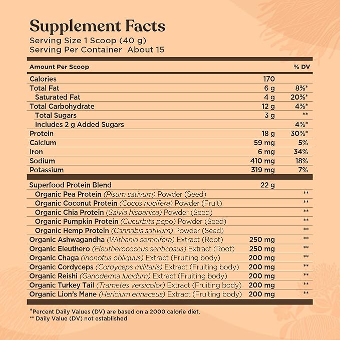 Four Sigmatic Organic Plant-Based Protein Powder Creamy Cacao Protein with Lion’s Mane, Chaga, Cordyceps and More | Clean Vegan Protein Elevated for Brain Function and Immune Support | 21.16 oz