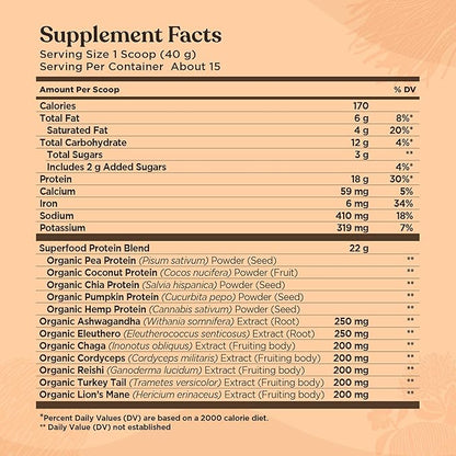 Four Sigmatic Organic Plant-Based Protein Powder Creamy Cacao Protein with Lion’s Mane, Chaga, Cordyceps and More | Clean Vegan Protein Elevated for Brain Function and Immune Support | 21.16 oz