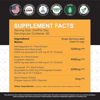 Ashwagandha Maca Fenugreek Extracts - Supports Energy & Focus - Liquid Supplement for Men & Women - 60 Day Servings, Vegan Drops (4 oz)