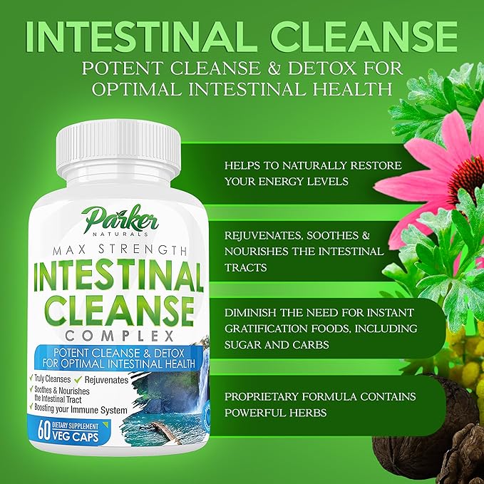 Intestinal Cleanse for Adults, Extra Strength Intestine Cleanser and Detox with Black Walnut Hull, Wormwood, and Echinacea, 60 Daily Cleanse Capsules