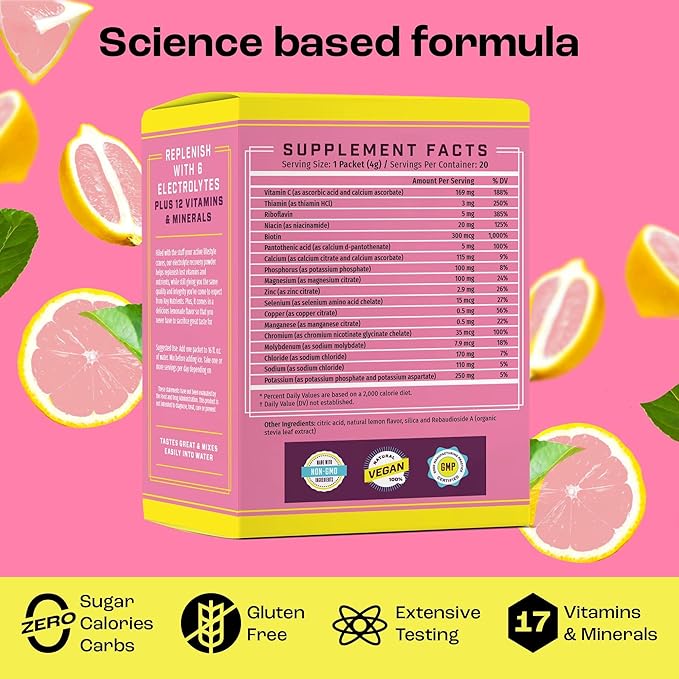 KEY NUTRIENTS Electrolytes Powder Packets - Fresh Pink Lemonade 40 Pack Hydration Packets - Travel Hydration Powder - No Sugar, No Calories, Gluten Free - Made in USA