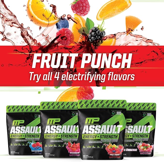Muscle Pharm Assault Energy & Strength Pre Workout Powder for Men & Women with Beta Alanine, Caffeine, Creatine & Betaine Anhydrous, Pre-Workout Supplements, 30 Servings, Fruit Punch Flavor