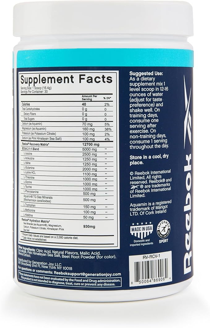 Reebok ReeCover BCAA + EAA + Electrolytes | 8g EAAs, 5g BCAAs, Hydration Matrix | Muscle Recovery, Strength | Post-Workout Support | 30 Servings | Strawberry Lemonade