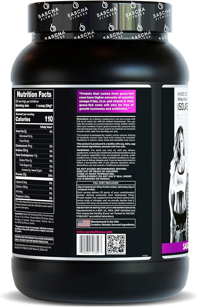 SASCHA FITNESS Hydrolyzed Whey Protein Isolate,100% Grass-Fed (2 Pound,Chocolate)