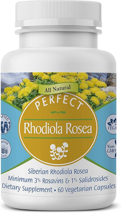 Perfect Rhodiola Rosea, for Better Focus, Energy, and Stress Relief, Optimal 3% Rosavins to 1% Salidroside Ratio, a Natural Adaptogen ~60 Vegetable Capsules