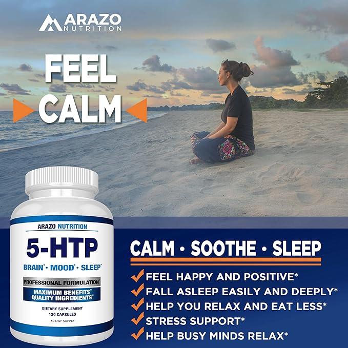 Arazo Nutrition 5-HTP 200 MG Plus Calcium for Mood, Sleep – Supports Calm and Relaxed Mood – 99% High Purity – 120 Capsules