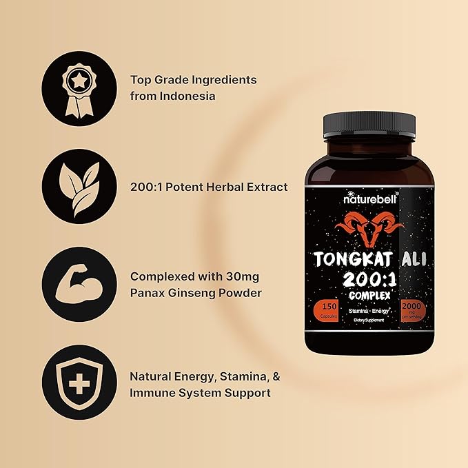 Tongkat Ali 200:1 (Longjack) Extract for Men, 2000mg Per Serving, 150 Capsules, Indonesia Origin, Eurycoma Longifolia | with Panax Ginseng for Energy, Stamina, & Male Health Support