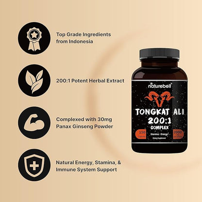 Tongkat Ali 200:1 (Longjack) Extract for Men, 2000mg Per Serving, 150 Capsules, Indonesia Origin, Eurycoma Longifolia | with Panax Ginseng for Energy, Stamina, & Male Health Support