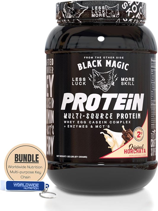 Worldwide Nutrition Bundle: Black Magic Multi-Source Casein Protein Powder - Muscle Gain with Whey, Micellar Casein, MCTs & Enzymes - Original Horchata Flavor - 2 LB & Multi-Purpose Keychain