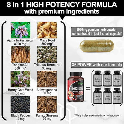 Ultra Turkesterone 8920mg Ajuga Turkestanica Extract Standardized 20% Turkesterone High Potency with Maca Root Tribulus Terrestris - Muscle Growth Energy Memory Support