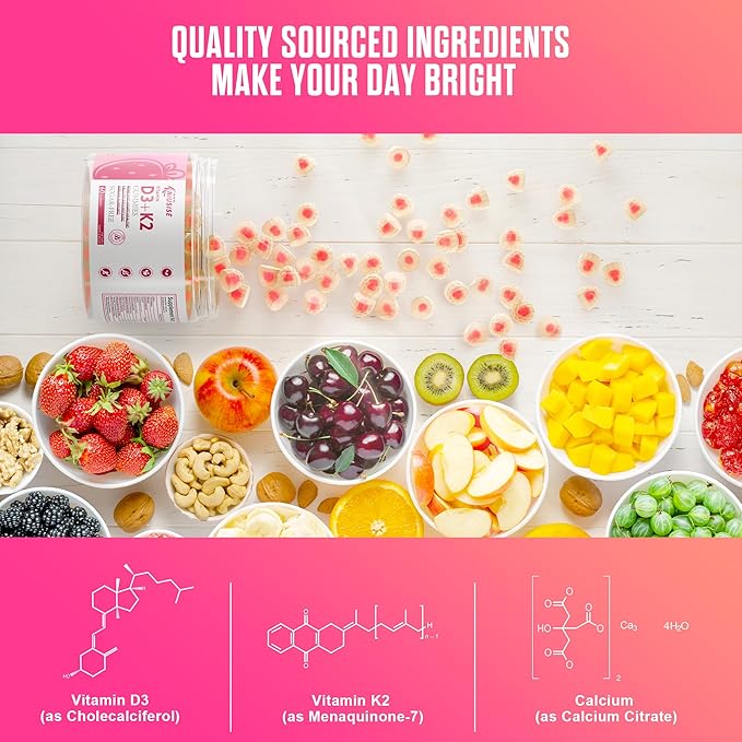 Vitamin D3 + K2 Sugar Free Gummies, 10000 IU Vitamin D3 + 250 mcg Vitamin K2, Supports Bone & Heart Health for Adults, Promotes Calcium Absorption & Immune Health, Non-GMO, 120Gummies