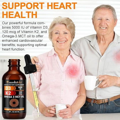 Vitamin D3 K2 Drops w MCT Oil Omega 3, 4-in-1 Support, 5000 IU of Vitamin D3 and 120 mcg of Vitamin K2. Liquid D3 for Body’s Defenses & Faster Absorption, Unflavored