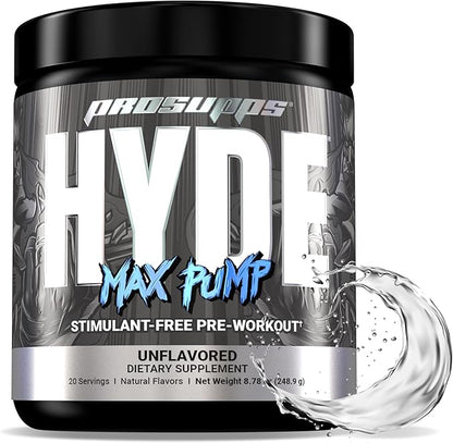 PROSUPPS Hyde Max Pump Pre Workout for Men and Women - Nitric Oxide Supplement for Pump and Endurance - Stimulant Free Pre Workout to Promote Blood Flow and Muscle Strength (Unflavored, 20 Servings)