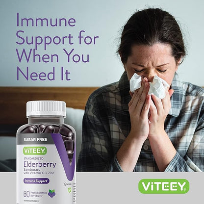 Sambucus Elderberry Gummies for Adults & Teens + Zinc & Vitamin C - Sugar Free - Immune Support & Booster Herbal Supplement - Vegan, Gluten Free, Gelatin Free, GMO Free, Chewable Berry Flavored Gummy