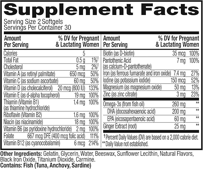 OLLY Ultra Strength Prenatal Multivitamin Softgels, Supports Healthy Growth, Brain Development, Iron, Folic Acid, DHA, Vitamins C, E, 30 Day Supply-60 Count (Packaging May Vary)