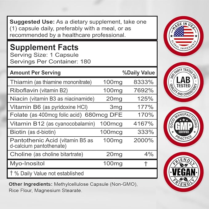 Divine Bounty Super B Complex Vitamins - All B Vitamins Including B12, B1, B2, B3, B5, B6, B7, B9, Folic Acid - Vitamin B Supplement - Support Healthy Energy Metabolism - 180 Vegetarian Capsules