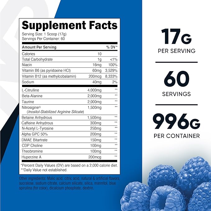 Nutricost Pre-X Xtreme Pre-Workout Complex Powder, Blue Raspberry, 60 Servings, Vegetarian, Non-GMO and Gluten Free