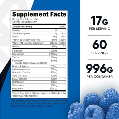 Nutricost Pre-X Xtreme Pre-Workout Complex Powder, Blue Raspberry, 60 Servings, Vegetarian, Non-GMO and Gluten Free