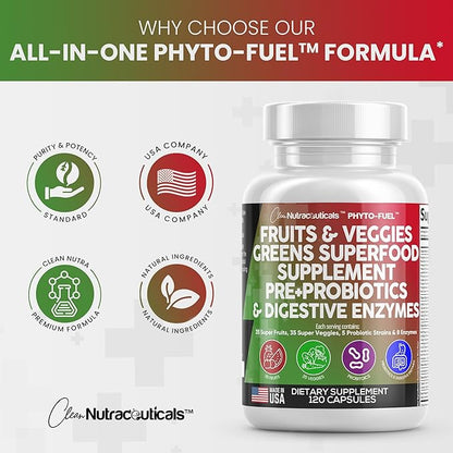 Clean Nutraceuticals Fruits and Veggies Supplement Reds & Green Superfood - Balance of Over 70 Fruit & Vegetable Supplements Capsules with Probiotics Prebiotics Digestive Enzymes - 120 Ct USA