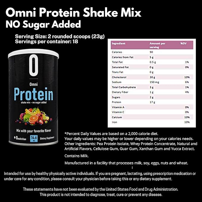 Omnitrition Omni Protein Shake Mix (No Sugar Added), Unflavored, 14.6 oz
