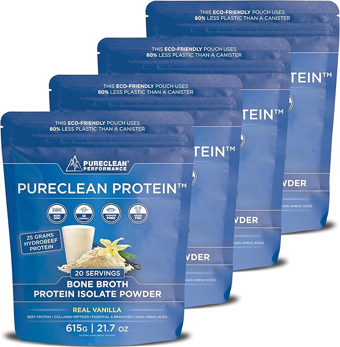 PureClean Protein 25G Organic Grass Fed Beef Bone Broth Protein from Swedish Cattle - Paleo & Keto-Friendly, Gluten-Free, Sugar-Free, Dairy-Free - Enhanced with Collagen Peptides - (4 Bags Vanilla)