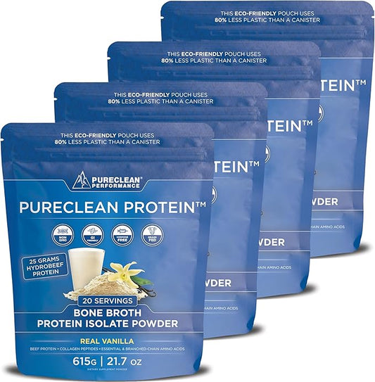 PureClean Protein 25G Organic Grass Fed Beef Bone Broth Protein from Swedish Cattle - Paleo & Keto-Friendly, Gluten-Free, Sugar-Free, Dairy-Free - Enhanced with Collagen Peptides - (4 Bags Vanilla)