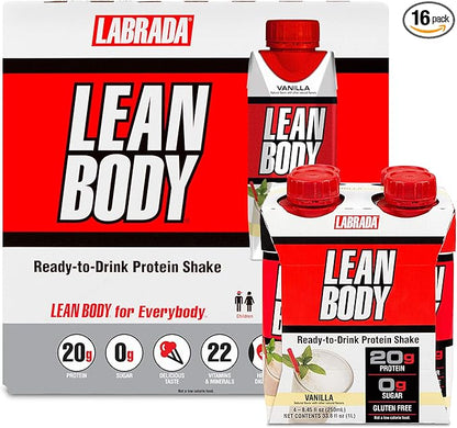LABRADA Nutrition - Lean Body RTD Whey Protein Shake, Convenient On-The-Go Meal Replacement Shake for Men & Women, 20 Grams of Protein – Zero Sugar, Lactose & Gluten Free, Vanilla (Pack of 16)