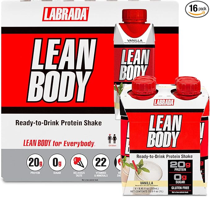 LABRADA Nutrition - Lean Body RTD Whey Protein Shake, Convenient On-The-Go Meal Replacement Shake for Men & Women, 20 Grams of Protein – Zero Sugar, Lactose & Gluten Free, Vanilla (Pack of 16)