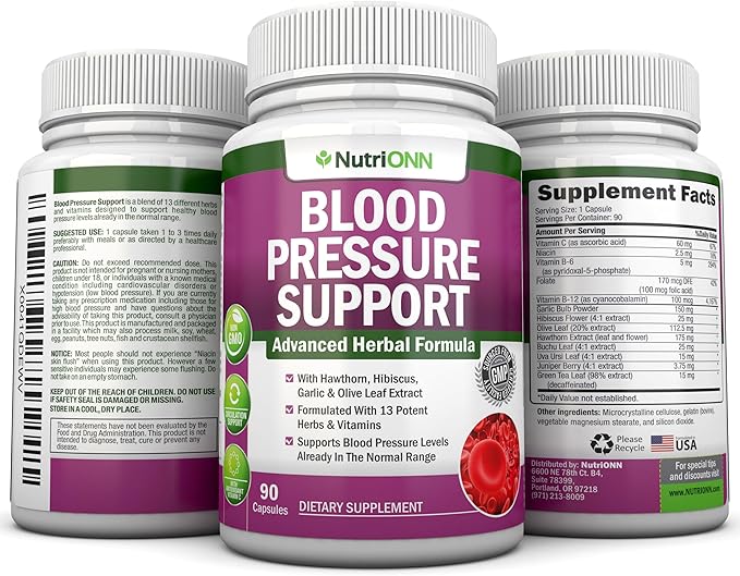 Blood Pressure Support Supplement - 13 Herbs & Vitamins - with Hawthorn, Hibiscus, Garlic & Olive Leaf Extract - Natural Supplement for Women & Men - High Strength Capsules - Non-GMO - 90 Day Supply