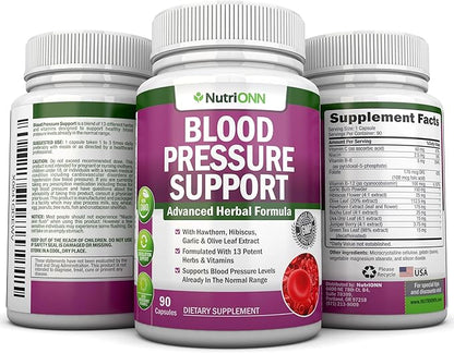 Blood Pressure Support Supplement - 13 Herbs & Vitamins - with Hawthorn, Hibiscus, Garlic & Olive Leaf Extract - Natural Supplement for Women & Men - High Strength Capsules - Non-GMO - 90 Day Supply