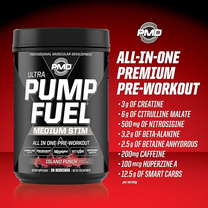PMD Sports Ultra Pump Fuel - Pre Workout Drink Mix - Energy, Strength, Endurance, Recovery - Complex Carbohydrates and Amino Energy - Island Punch (30 Servings)