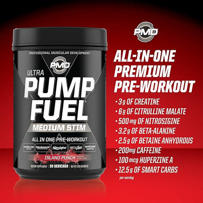 PMD Sports Ultra Pump Fuel - Pre Workout Drink Mix - Energy, Strength, Endurance, Recovery - Complex Carbohydrates and Amino Energy - Island Punch (30 Servings)