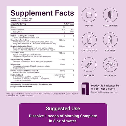 ACTIVATEDYOU Morning Complete Daily Wellness Greens Superfood Drink Mix for Gut Health w/Prebiotics, Probiotics, Antioxidants, Green Superfoods, 10 Billion CFUs, 30 Servings (Mixed Berry)