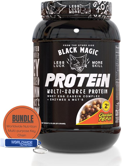 Worldwide Nutrition Bundle: Black Magic Multi-Source Casein Protein Powder-Whey, Egg Albumin Enzymes, Micellar Casein & MCT-Muscle Mass Gaining Bodybuilding-Chocolate PB Puffs 2LB & Keychain