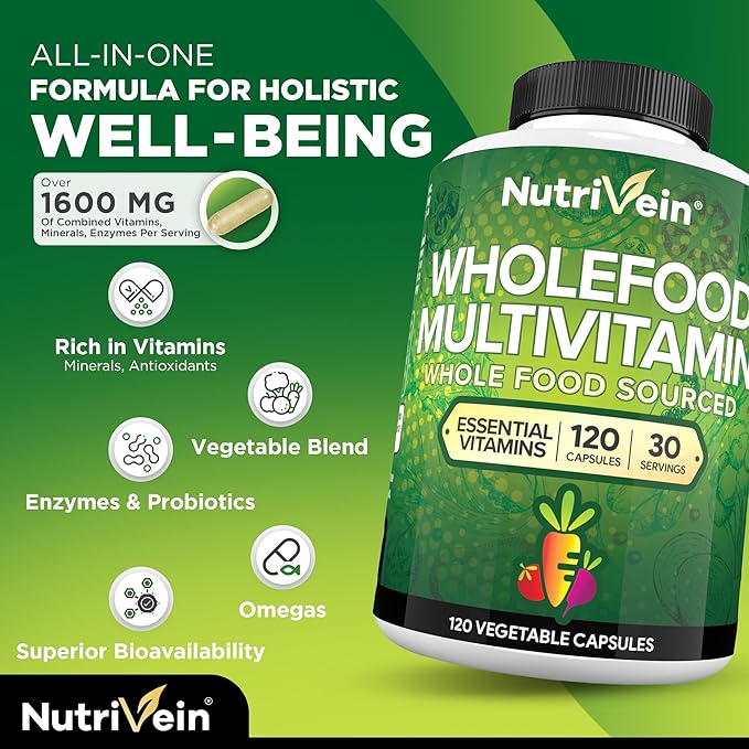 Nutrivein Whole Food Multivitamin - Complete Daily Vitamins for Men and Women from Natural Whole Foods, Real Raw Veggies, Fruits, Vitamin E, A, B Complex - 30 Day Supply (120 Capsules, Four Daily)