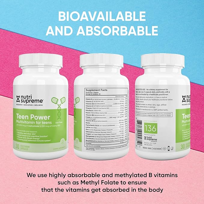 Nutri Supreme Teen Multivitamin for Boys and Girls 12-17, Best Kosher One Per Day Teen Vitamins, Formulated for Teen Development and Immune Health, 30 Capsules