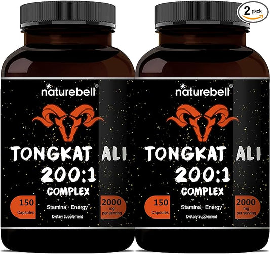 Tongkat Ali 200:1 (Longjack) Extract for Men, 2000mg Per Serving, Indonesia Origin, Eurycoma Longifolia | with Panax Ginseng for Energy, Stamina, & Male Health Support (150 Count (Pack of 2))