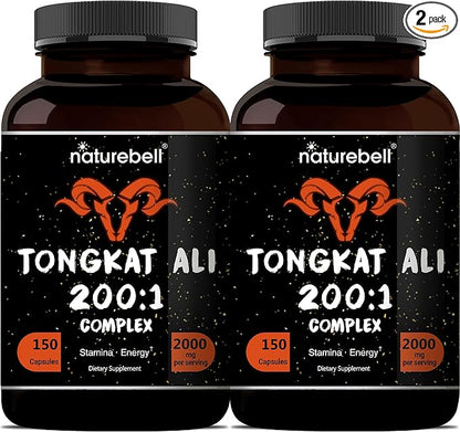Tongkat Ali 200:1 (Longjack) Extract for Men, 2000mg Per Serving, Indonesia Origin, Eurycoma Longifolia | with Panax Ginseng for Energy, Stamina, & Male Health Support (150 Count (Pack of 2))
